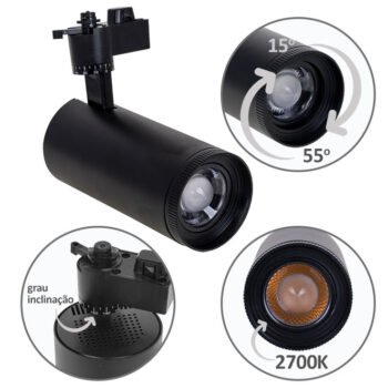 Foco para calha ARGOS (2 condutores) 30W LED 2700K Preto