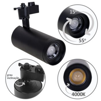 Foco para calha ARGOS (2 condutores) 30W LED 4000K Preto