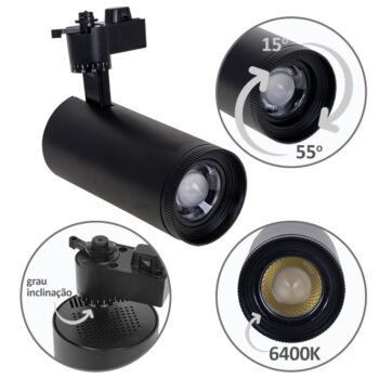 Foco para calha ARGOS (2 condutores) 30W LED 6400K Preto