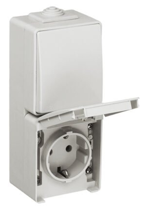 Comutador de Escada / Tomada Schuko Vertical com Obturador ESTANQUE48 IP65 Cinzento