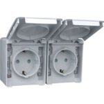 Tomada Dupla Schuko Horizontal com Obturador ESTANQUE48 IP65 Cinzento