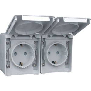 Tomada Dupla Schuko Horizontal com Obturador ESTANQUE48 IP65 Cinzento