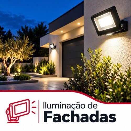 Fachada de moradia moderna iluminada com projetor LED, apliques de parede e iluminação exterior de jardim.