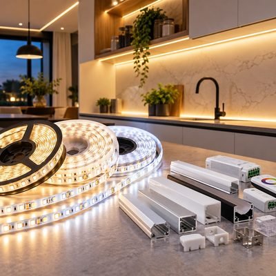 Fitas LED em rolo, perfis de alumínio e controladores para iluminação LED de cozinha.