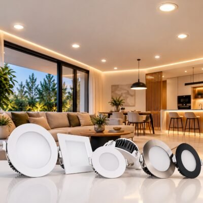 Focos LED de encastrar redondos e quadrados, em branco, preto e níquel, com iluminação de sala moderna.
