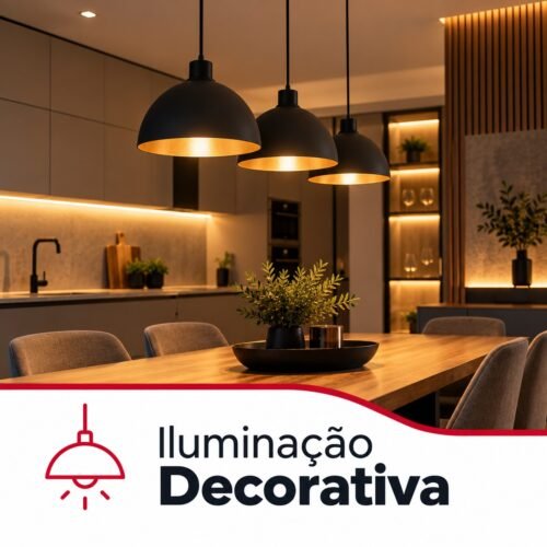 Três candeeiros suspensos pretos sobre uma mesa de jantar numa cozinha moderna com iluminação decorativa.