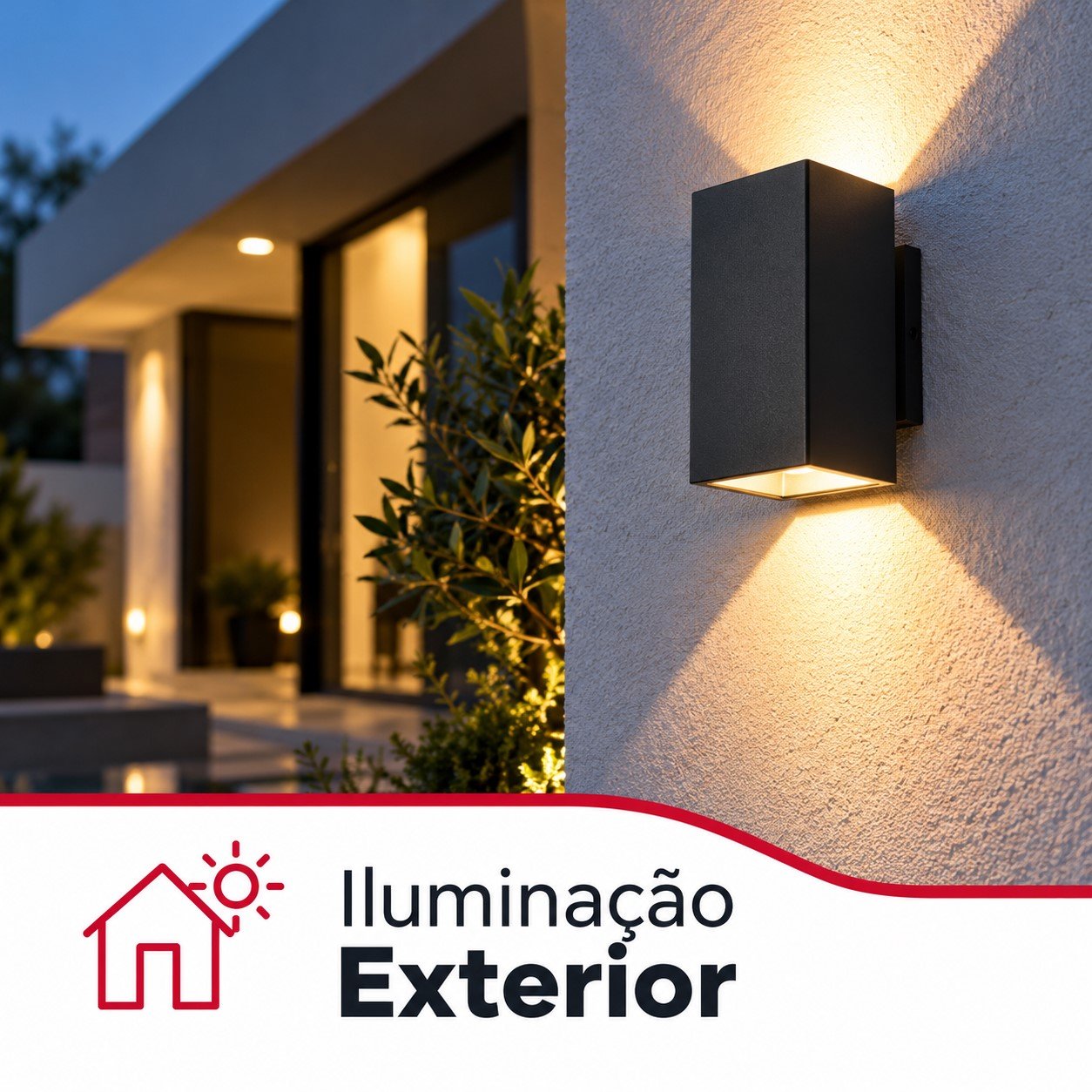 Aplique de parede exterior preto com iluminação LED para cima e para baixo, instalado na fachada de uma moradia moderna.