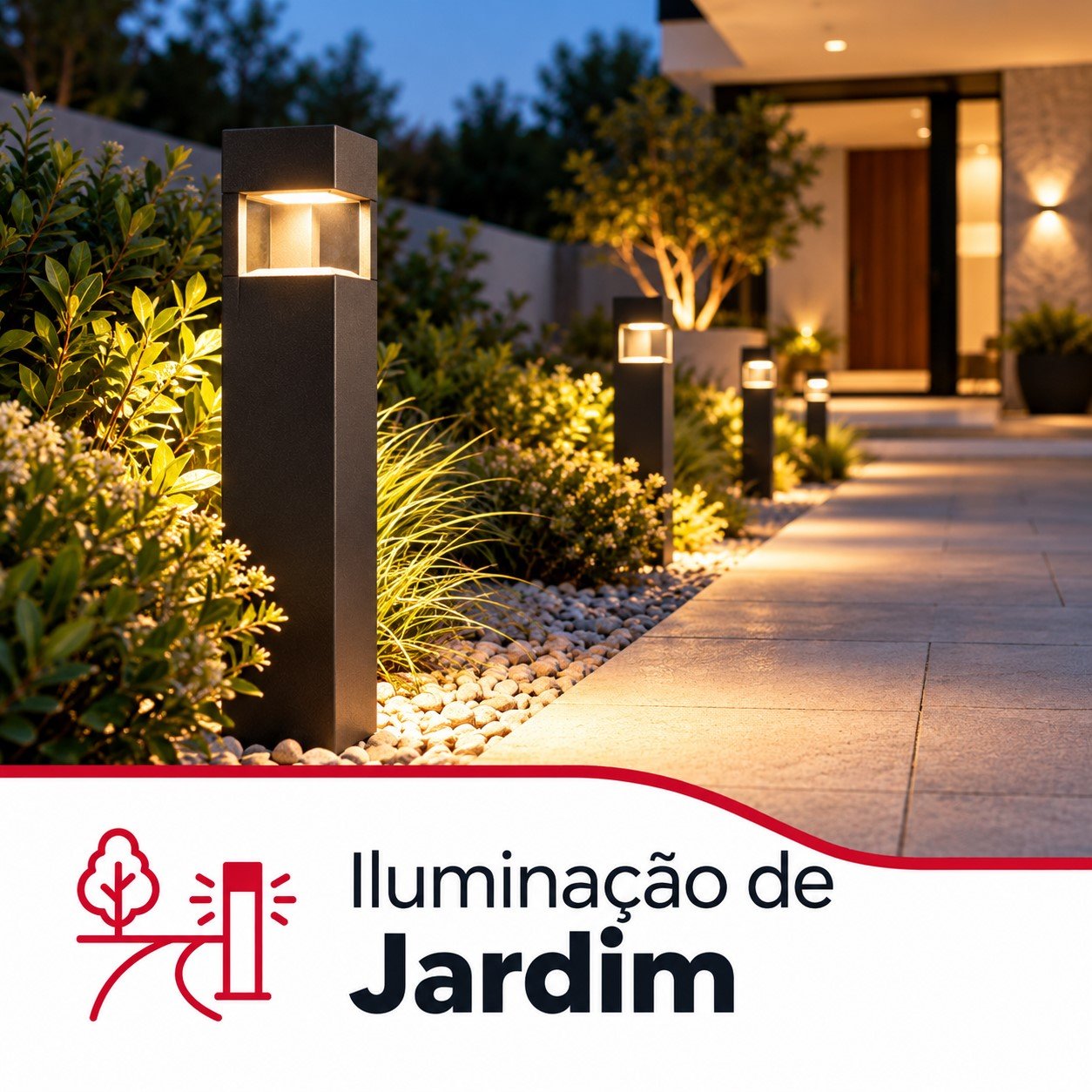 Balizadores LED de exterior a iluminar um caminho de jardim junto a uma moradia moderna.