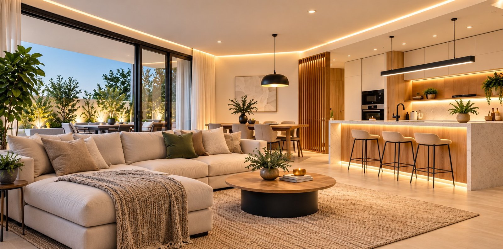 Sala e cozinha modernas com focos LED de encastrar, fitas LED e candeeiros suspensos.