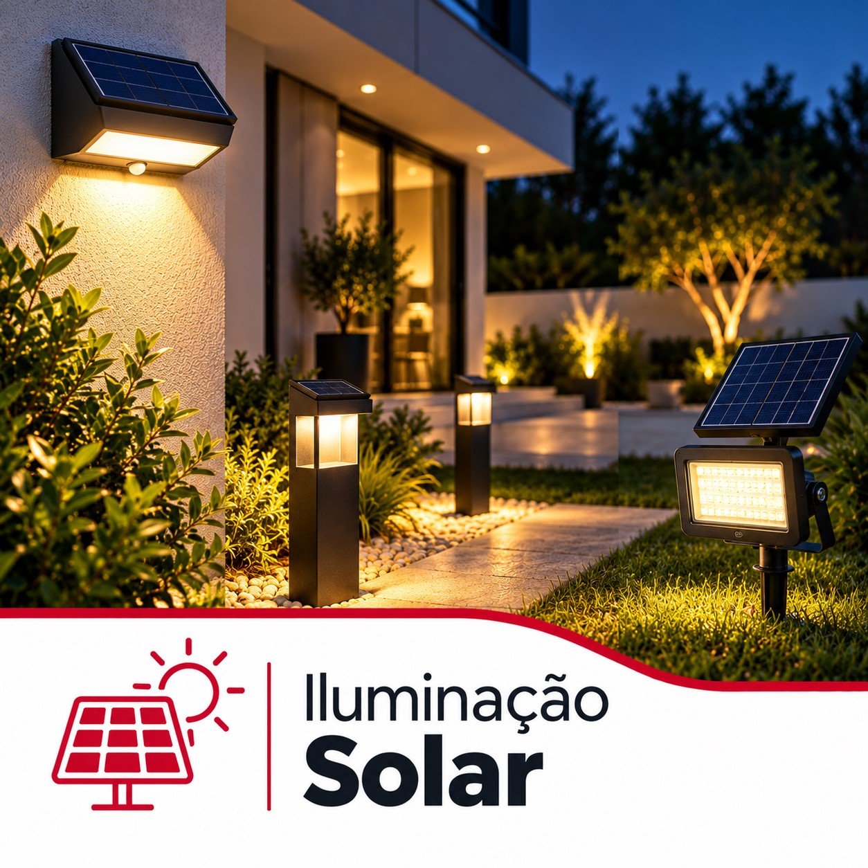 Aplique solar LED e balizadores solares a iluminar o exterior de uma moradia moderna.