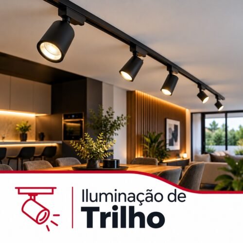 Focos LED de trilho pretos instalados no teto de uma sala moderna, com iluminação direcionável.