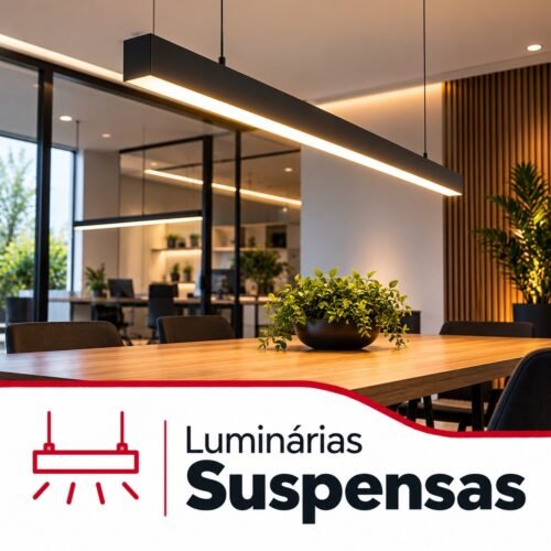 Luminária linear LED suspensa sobre mesa de reuniões num espaço moderno, com iluminação uniforme e design minimalista.
