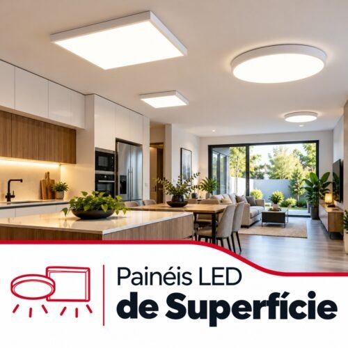 Painéis LED de superfície redondos e quadrados instalados no teto de uma cozinha e sala modernas.