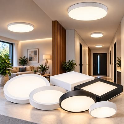 Plafonds LED de superfície redondos e quadrados, em branco e preto, para iluminação de salas e corredores.